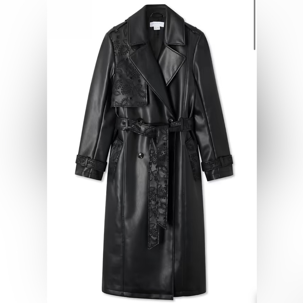 Black Embroidered Vegan Leather Trenchcoat